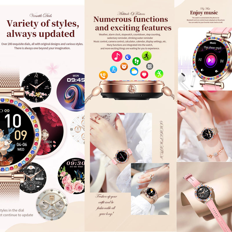 Smart Watch for Women(Answer/Make Calls), 5ATM Waterproof Fitness Watch Fitness Watch with Heart Rate/SpO2/Blood Pressure, Bluetooth Smartwatch for Android iPhone, with 2 Watch Bands (Gold) Gold