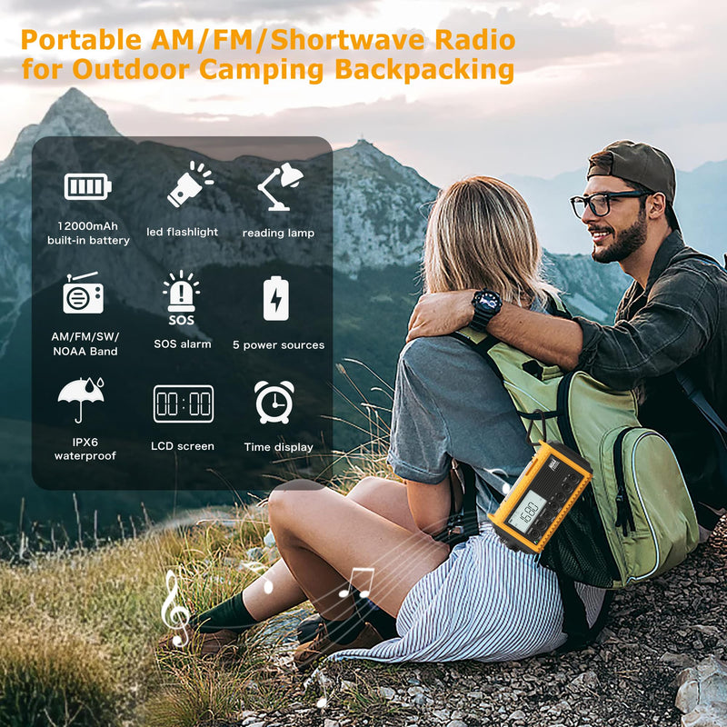 12000mAh NOAA Emergency Weather Radio, Hand Crank Emergency Radio Portable AM FM Shortwave, Solar Rechargeable Battery Powered Radio with USB-C Charger & Adapter, SOS Alert Flashlight for Home Camping 12000mAh Yellow with LCD Display
