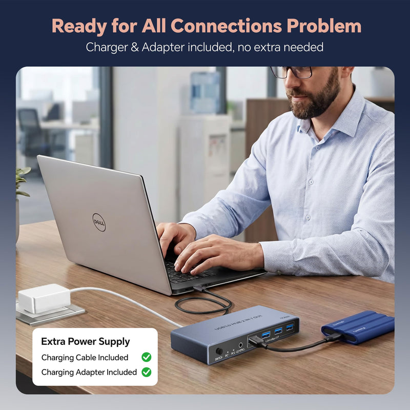 USB 3.0 Switch 2 in 7 Out, USB Switcher for 2 Computers Share 4 USB-A + 3 USB-C Devices - 5Gbps USB Switch Hub for Laptop Keyboard Mouse Printer with Controller, USB C Male Adapter, Power Adapter