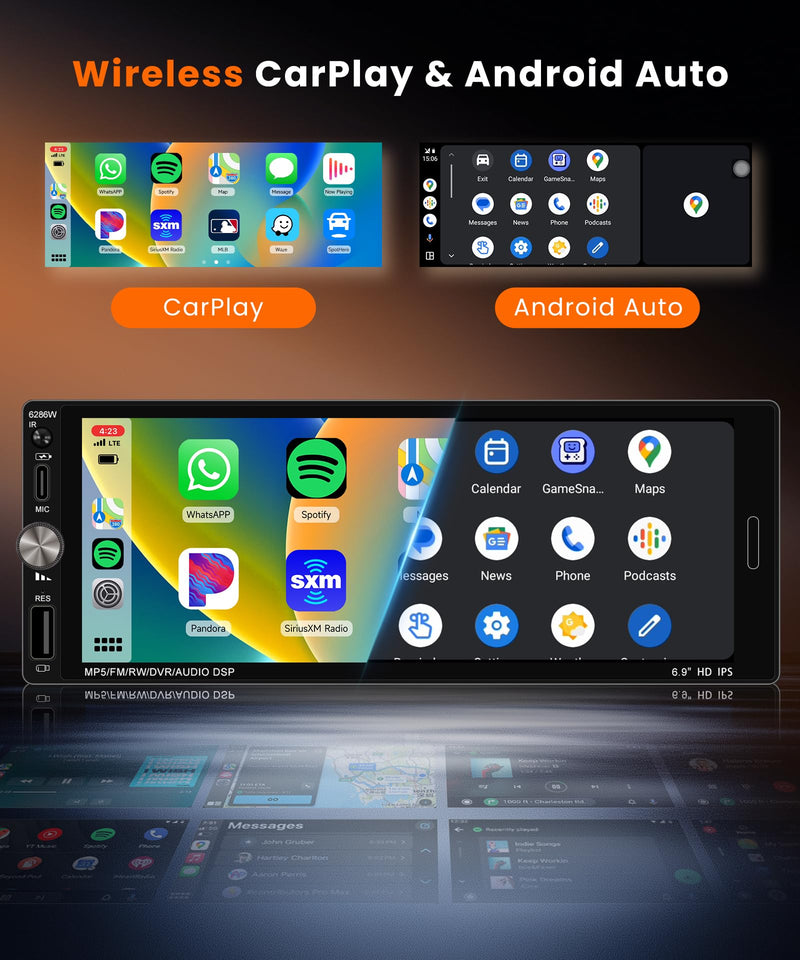 Single DIN Carplay Radio Wireless Android Auto, 6.9-Inch IPS Touchscreen Car Stereo with Bluetooth5.2 FM/RDS Radio EQ USB Backup Cam Included