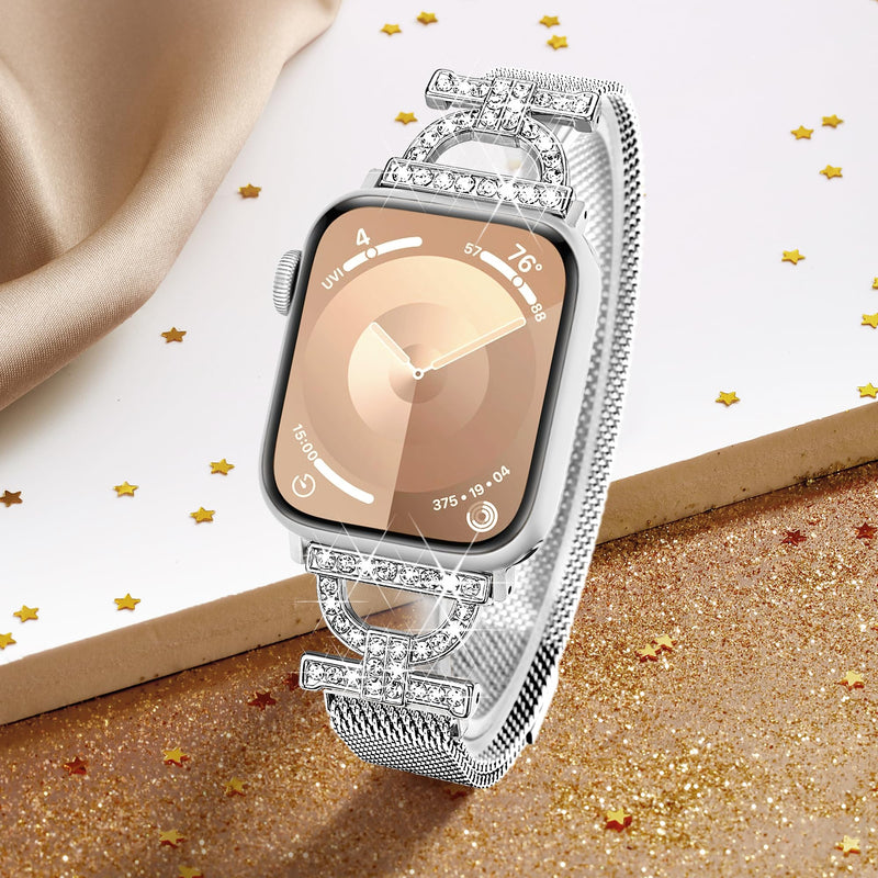 Magnetic Band Compatible with Apple Watch Bands for Women 42mm 44mm 45mm 49mm, Diamond Milanese Stainless Steel D-shaped Apple Watch Band for iWatch Bands Series 9/8/7/6/5/4/SE Ultra/Ultra 2
