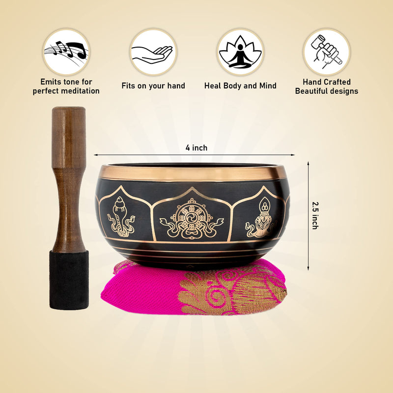 BimBamBom Singing Bowls – Hand Crafted Tibetan Singing Bowl w/Mallet & Cushion, Meditation Bowl For Yoga and Holistic Healing, Stress Relief, Brass 4” Auspicious Symbol Deep Sound Prayer Bowl Pink