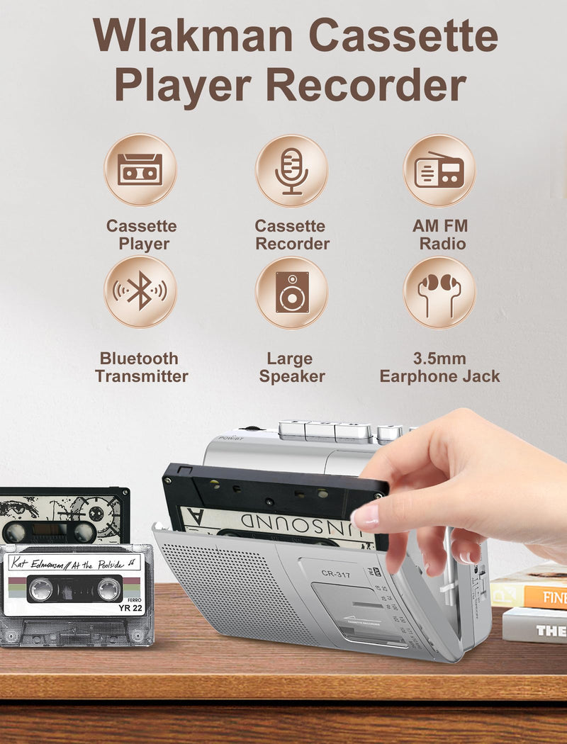Cassette Player Recorder with Bluetooth Transmitter Walkman, Portable AM FM Cassette Player with Big Speaker, Stereo Earphone Jack, Support Microphone Recording, 2AA Battery or USB Power for Home Silver