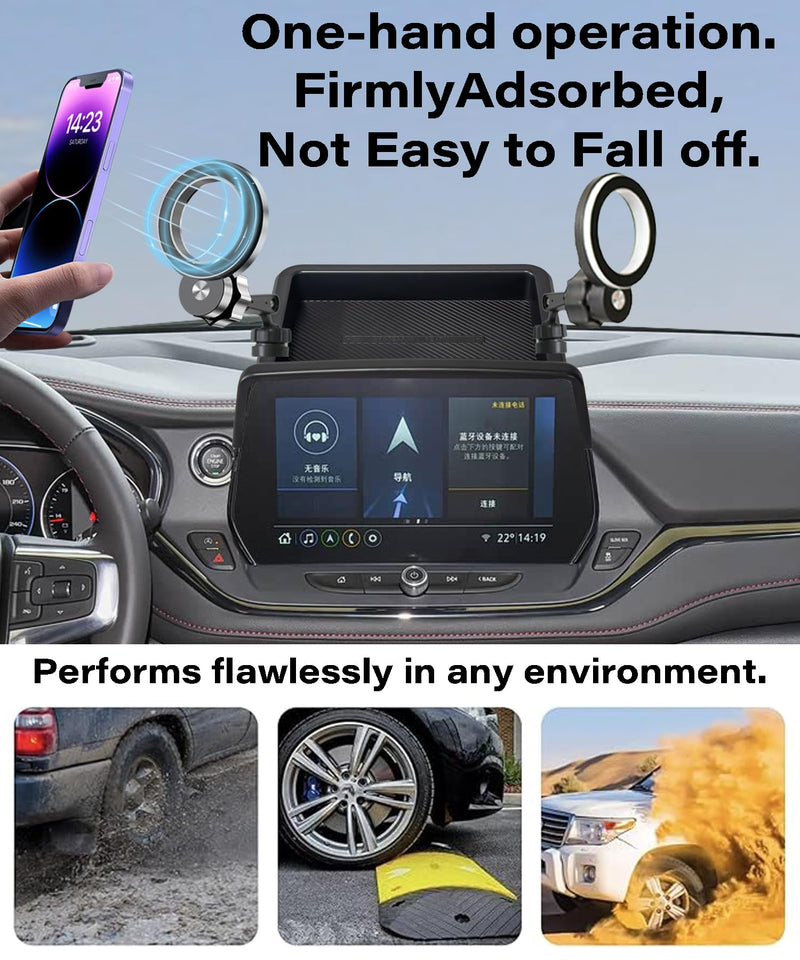 Car Phone Holder for Chevrolet Blazer 2023 2024 2025 2026 Accessories Apply to 10.2 Inch Touchscreen Fixed Clip MagSafe Cell Phone Mount with Dashboard Storage Tray for 2023-2026 Blazer(10.2 Inch+magnetic*2)