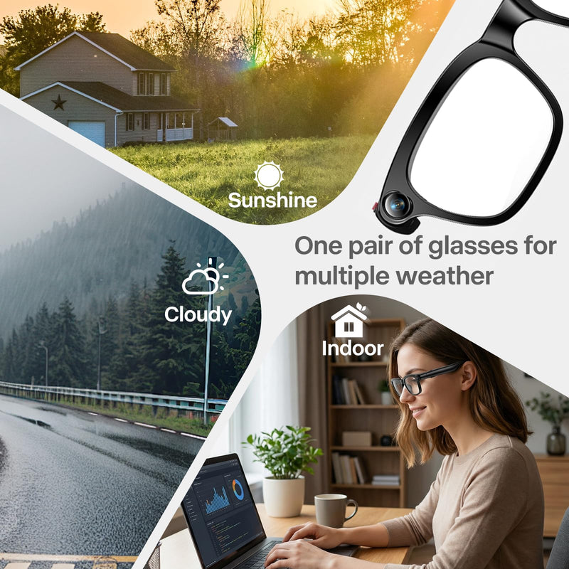 Ai Smart Glasses with Camera, 4K 8MP HD Photo and Video Recording with Real-Time Translation/Object Recognition/AI Voice Q&A/Recording, Calls and Music, UV & Blue Light Protection, Photochromic lens Shine Black M08