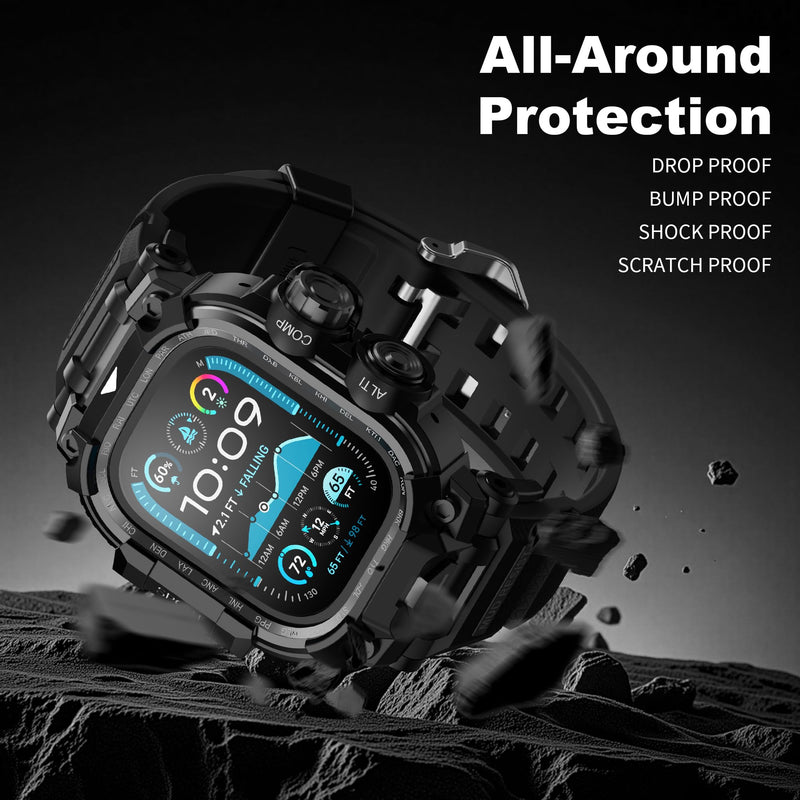 Rugged Case with Tactical TPU Band for Apple Watch Ultra 3/2/1 49mm for Men | Military-Grade Shockproof,Full Body Armor,Drop & Bump & Stain Resistant,Dustproof,Outdoor Sports Design,HD Screen Protector Matte Black