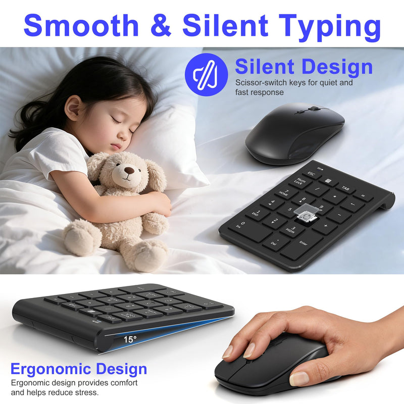 Wireless Mouse and Number Pad Combo - 22 Key USB Keypad and 3 Adjustable DPI Silent Mouse, 2.4GHz Ultra Slim & Portable Numeric Keypad and Mouse Set for Laptop, PC, Desktop, Notebook, One USB Receiver