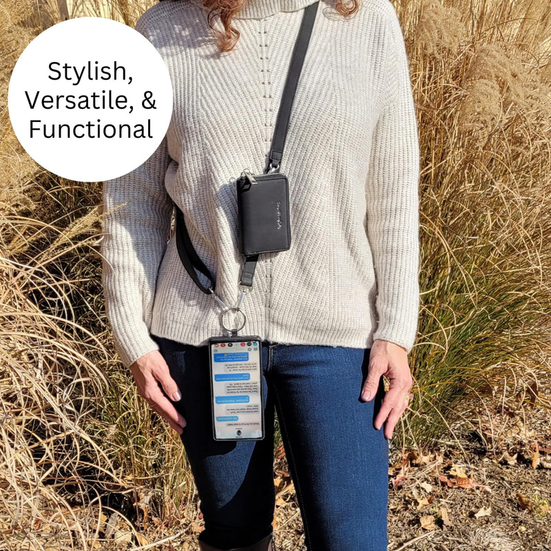 Save the Girls Clip and Go Brushed Vegan Phone Lanyard - Crossbody Phone Case with Pouch, Adjustable and Removable Strap Denim