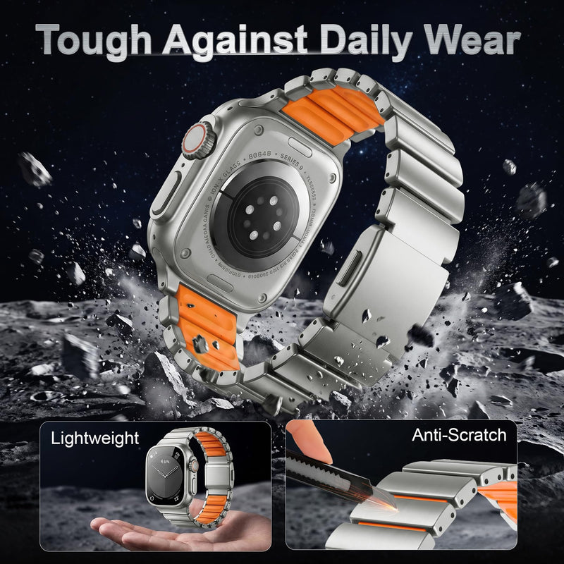 Magnetic Metal Band for Men, Compatible with Apple Watch 42-49mm | Luxury Titanium Silicone Strap, Lightweight Sport Band for iWatch Series 1/2/3/4/5/6/7/8/9/10/11/SE, Fits 5.4"-7.7" Wrists Titanium + Orange