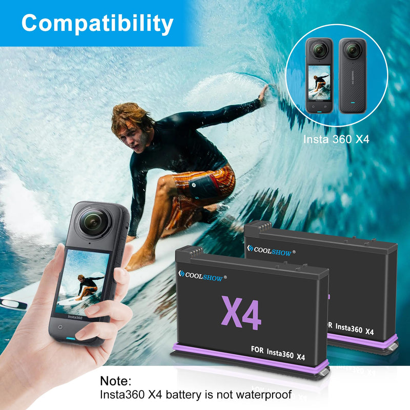 COOLSHOW Action Camera X4 Battery Replacement 2500mAh 2 Packs Only Compatible with Insta360 X4 Camera