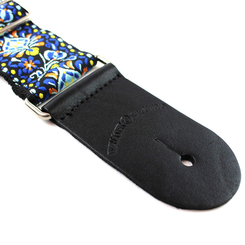 Walker & Williams H-29-CHR Vintage Series Blue Cheer Woven Hippie Guitar Strap With Brushed Nickel Hardware And Thick Leather Ends For Acoustic, Electric, And Bass Guitars