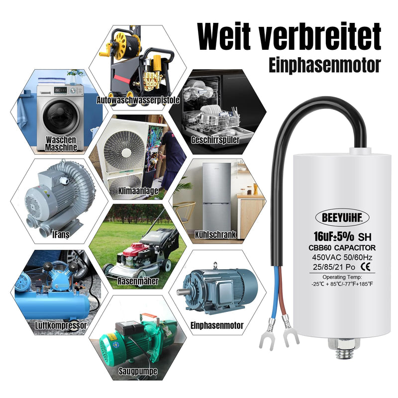 BEEYUIHF CBB60 Motor Capacitor 16µF 450V Capacitor 50/60Hz Starting Capacitor 16uF Motor Running Capacitor with Connection Cable for Electric Motor 40 x 73 mm 16μF / 16uF