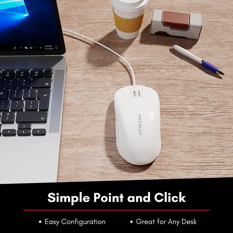 Macally USB Wired Computer Mouse for Mac and PC - Simple, Clean, and Effective - White Wired Mouse with 5ft Cable, 3 Buttons, and 1000 DPI Sensor - Plug and Play Wired Mice for Mac