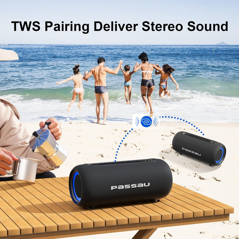 Passau Portable Bluetooth Speakers 40W Peak Loud Stereo Sound, Passive Radiators-Deep Bass, 20H Playtime, Adjustable Strap, Bluetooth 5.3, IPX5 Wireless Speaker with RGB Lights for Indoor Outdoor