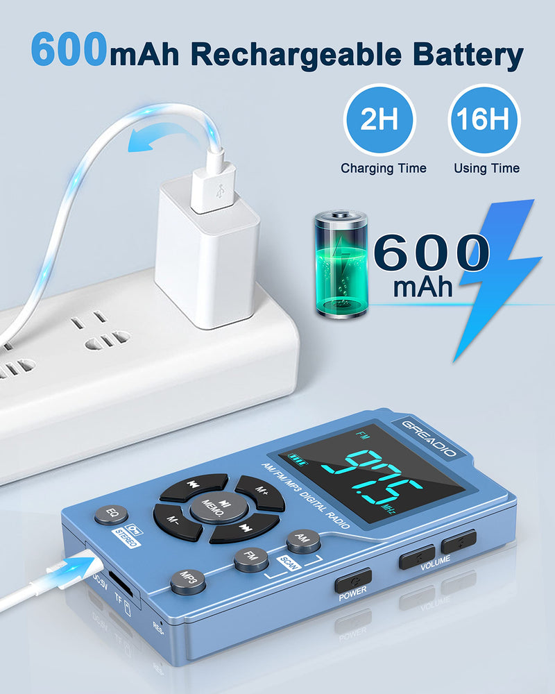[AUSTRALIA] - Greadio Portable AM FM Radio with MP3 Player, Best Reception Pocket Radio, Large LCD Screen and Easy to Use, 6 EQ Stereo, Earphone Jack for Jogging, Walking, Camping Blue 
