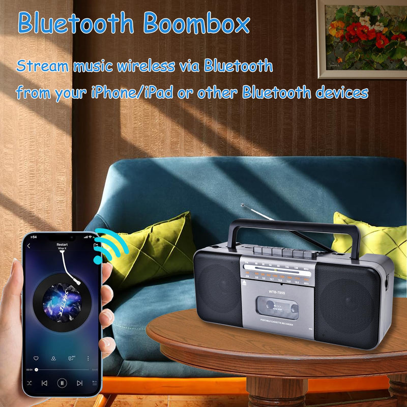 Portable Cassette Tape Player Recorder,AM/FM/SW Radio Stereo with Bluetooth,USB/SD, Big 10W Speaker,Record to Cassette/U Disk/SD Card via Mic, MP3 Converter, Earphone Jack,AC/DC Powered Black