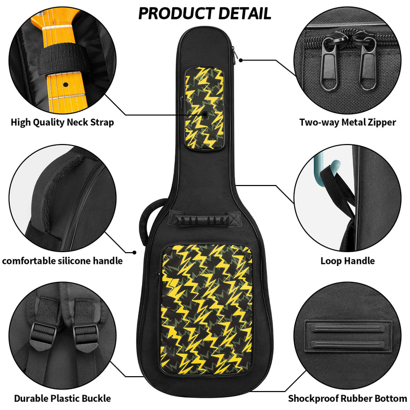 LETSROCK 38 40 41 Inch Electric Guitar Bag Case 0.38 inch Waterproof Thick Padding with Neck Strap Adjustable Shoulder Strap Waterproof Yellow Lightning Shape&Black Electric Guitar Gig Bag Yellow&Black