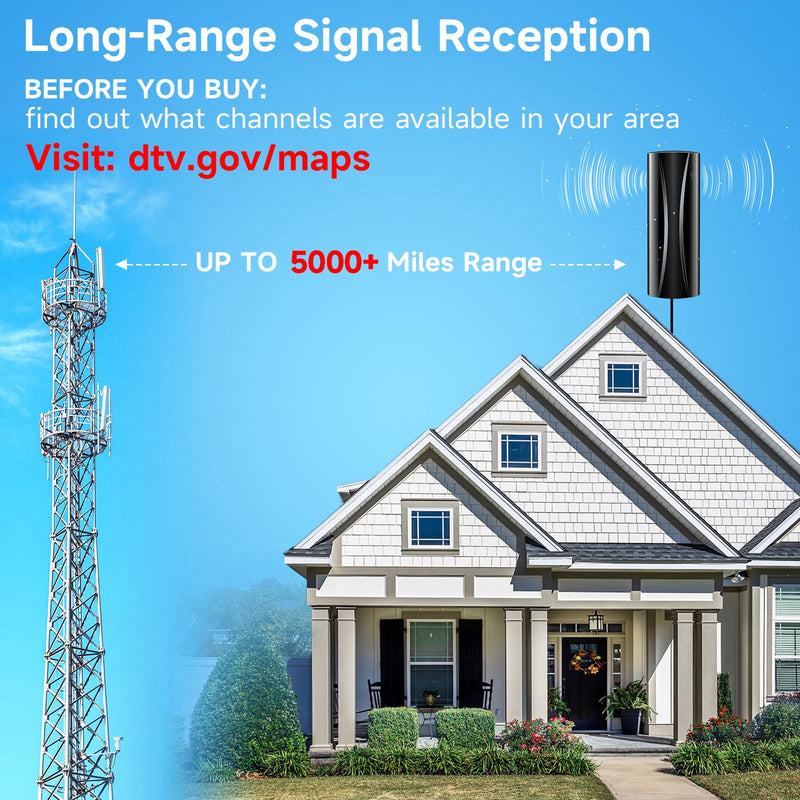5000+ Miles Indoor TV Antenna,2026 Strongest Digital Antenna for Smart TV and Old TVs, 360° Reception HD Antenna for Local Channels with Amplifier Signal Booster Support 4K 8K 1080p-40ft Coaxial Cable Black