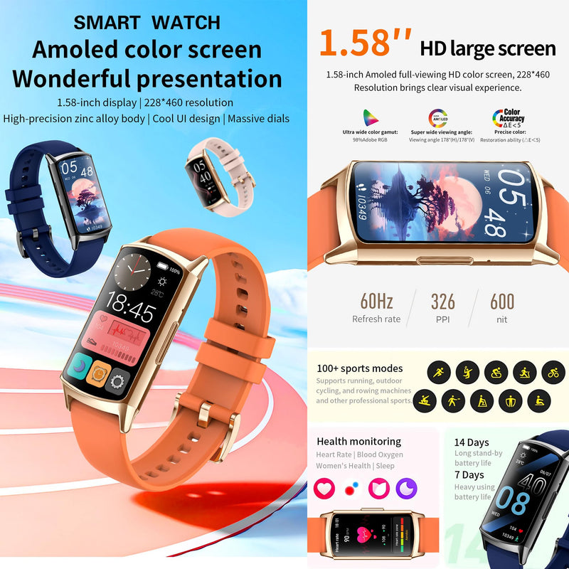ZPIMY 1.58” AMOLED Smart Watch for Women (Make/Answer Call), 5ATM Waterproof Mens Smartwatch, Fitness Tracker Smartwatch for Android iPhones, Digital Watches Step Counter, 2 Straps (Gold) Gold