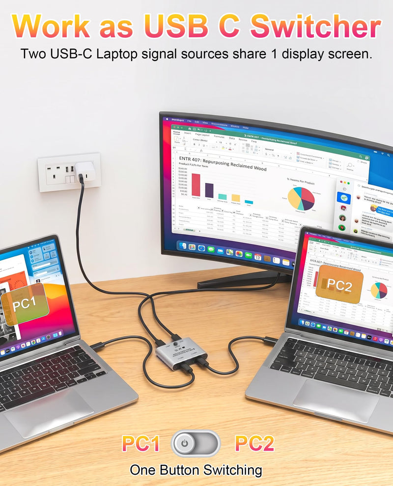 8K USB C Switch, Bi-Directional USB C Switcher for 2 Computers - 8K@60Hz/4K@120Hz Video + 100W PD Charging + 10Gbps Data Transfer, 1 in 2 Out / 2 in 1 Out USB C Splitter Switch with Power Cable