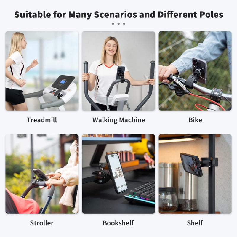Phone Holder Mount Magnetic Accessories: Fitness Equipment Gym Motorcycle Handlebar, Exercise Bike, Treadmill, Stroller, Cart, for Magsafe iphone 15 14 13 12 Plus Pro Max & All Phone Stand Clamp Gym Mount