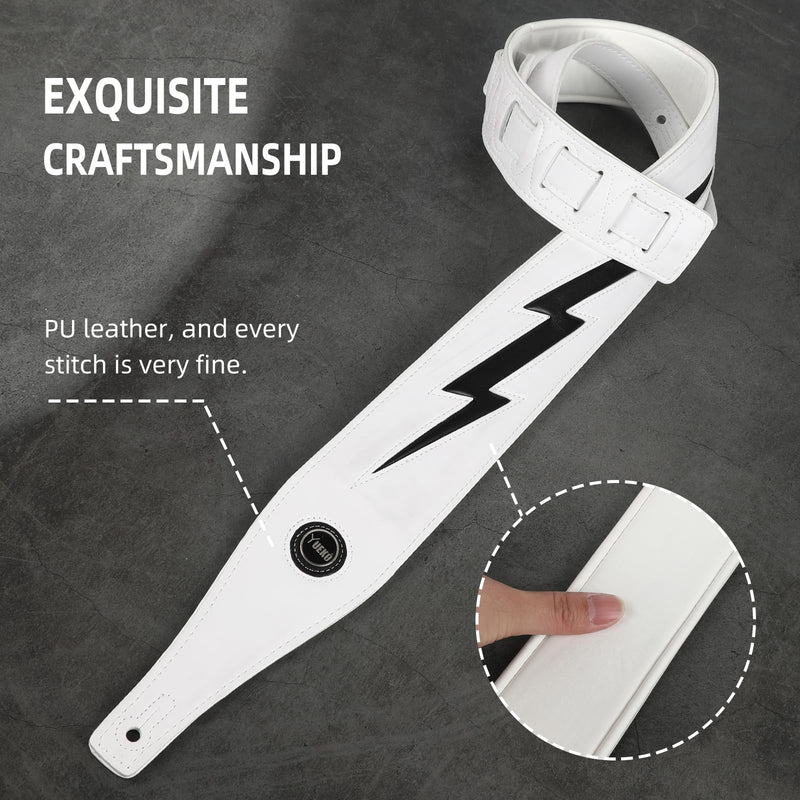[AUSTRALIA] - Guitar Strap PU Leather, Anti-Slip, Classic, Adjustable Soft Leather Strap for Acoustic, Electric and Bass Guitars (White - Black lightning) 
