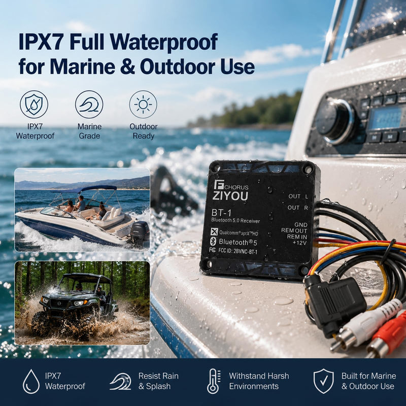 BT-1 IPX7 Bluetooth Receiver aptX HD Dual RCA Marine Vehicles | BT-1 Compatible With iOS & Android, Versatile For All Uses, Waterproof, Durable & Easy To Install.