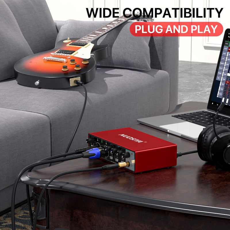[AUSTRALIA] - USB Audio Interface for PC Computer Recording Music, Red 2x2 Guitar Audio Interface for Mac 24Bit/192kHz Podcasting Streaming for Vocalist Producer with 48V Phantom Power 