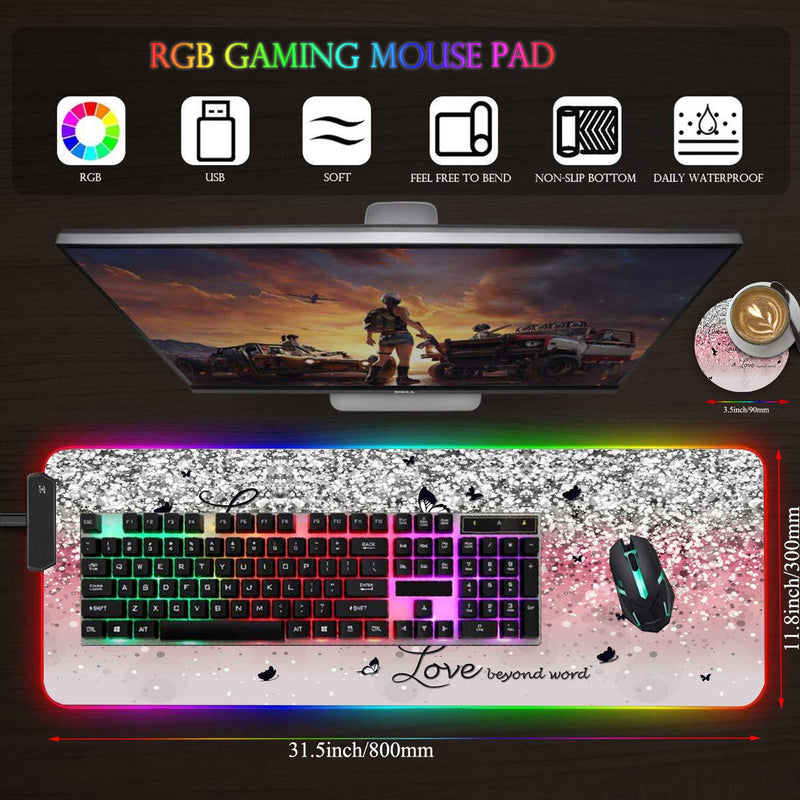CICPLKSE Customized RGB Gaming Mouse Pad and Coffee Coaster,Large Glowing Led Anti-Slip Rubber Base Computer Keyboard Desk Mouse Mat 31.4x11.8 Inch,Pink Glittering Live Laugh Love Pink Glittering Live Laugh Love