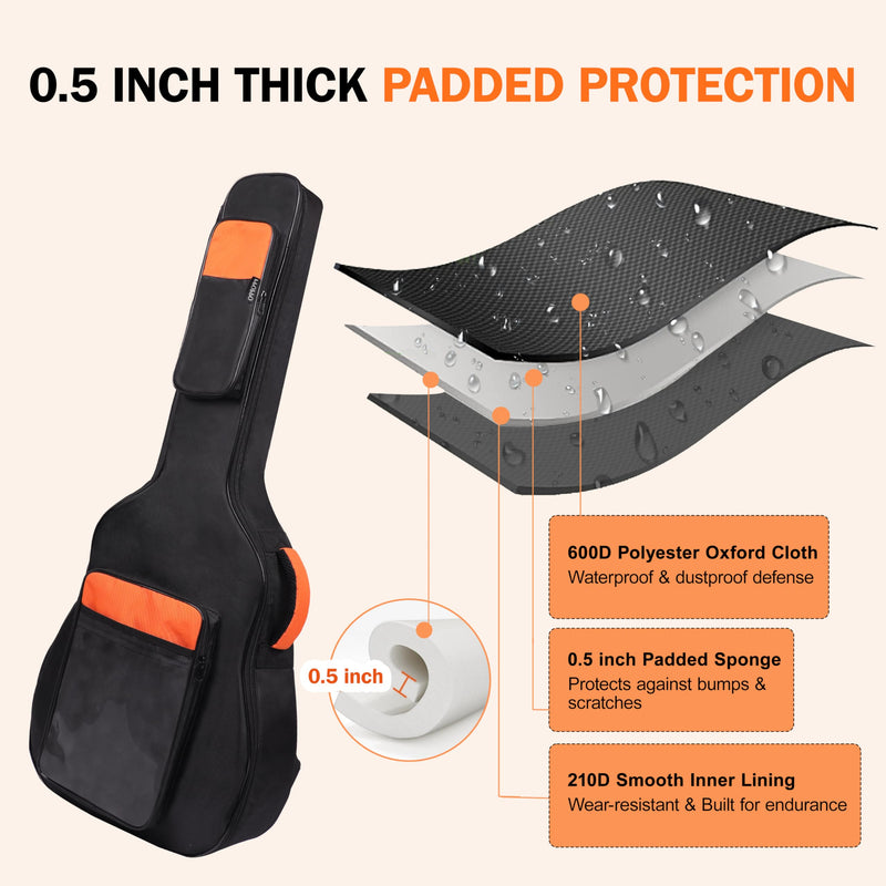 Acoustic Guitar Gig Bag Fits 40 41 42 Inch, 0.5 Inch Thick Padded for Enhanced Protection, 600D Waterproof Nylon, Soft Guitar Backpack Case with Neck Fixed Strap & Adjustable Shoulder Straps Orange (0.5 Inch)