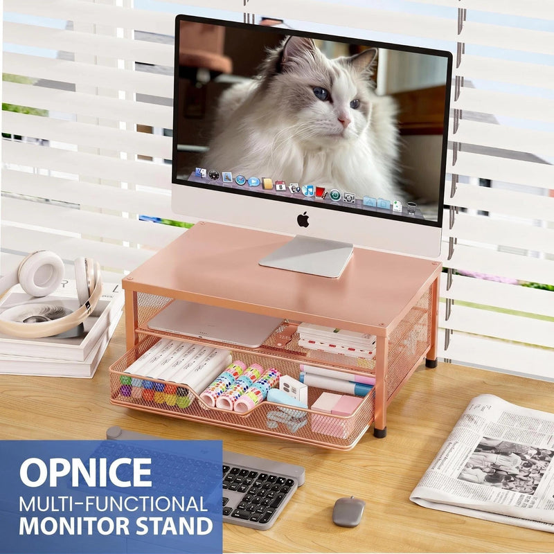 OPNICE Computer Monitor Stand Riser, Desk Organizer with Drawer, Printer & Laptop Stand, Office Desk Accessories & Workspace Desktop Organizers Storage for Office Supplies(Rose Gold) Rose Gold