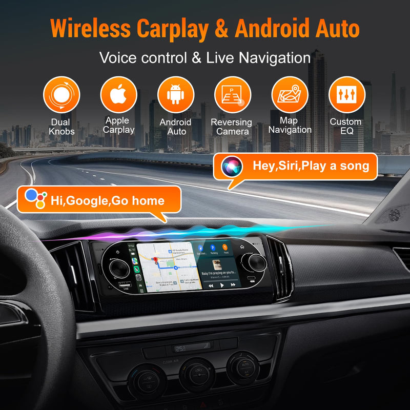 Single Din Car Radio with Apple CarPlay, Backup Camera，External Mic,Single Din Touchscreen Radio Supports Android Auto, Bluetooth, Dual Physical Knobs,SWC, EQ, FM Radio (Black) Black