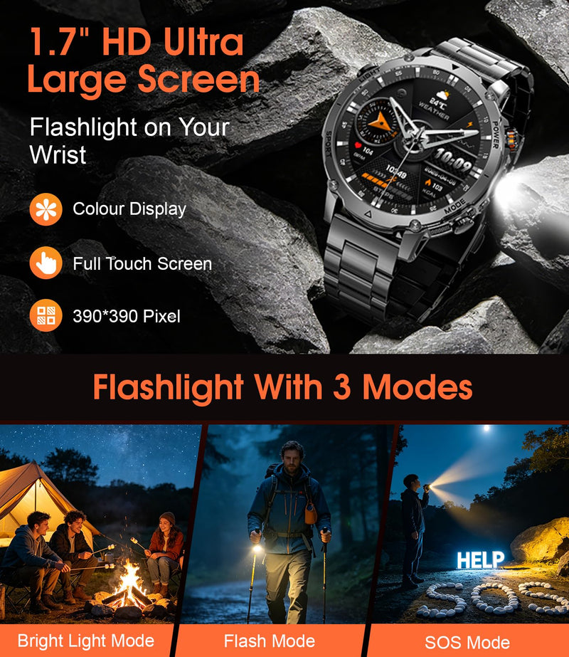 SUNKTA Military Smartwatch for Men 1400mAh Ultra Battery Fitness Smart Watch Answer/Make Calls, Heart Rate,Sleep Tracker, 100+Sports Mode, IP68 Waterproof Smartwatch for Android iPhone(2 Bands) Black