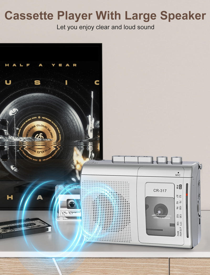 Cassette Player Recorder with Bluetooth Transmitter Walkman, Portable AM FM Cassette Player with Big Speaker, Stereo Earphone Jack, Support Microphone Recording, 2AA Battery or USB Power for Home Silver