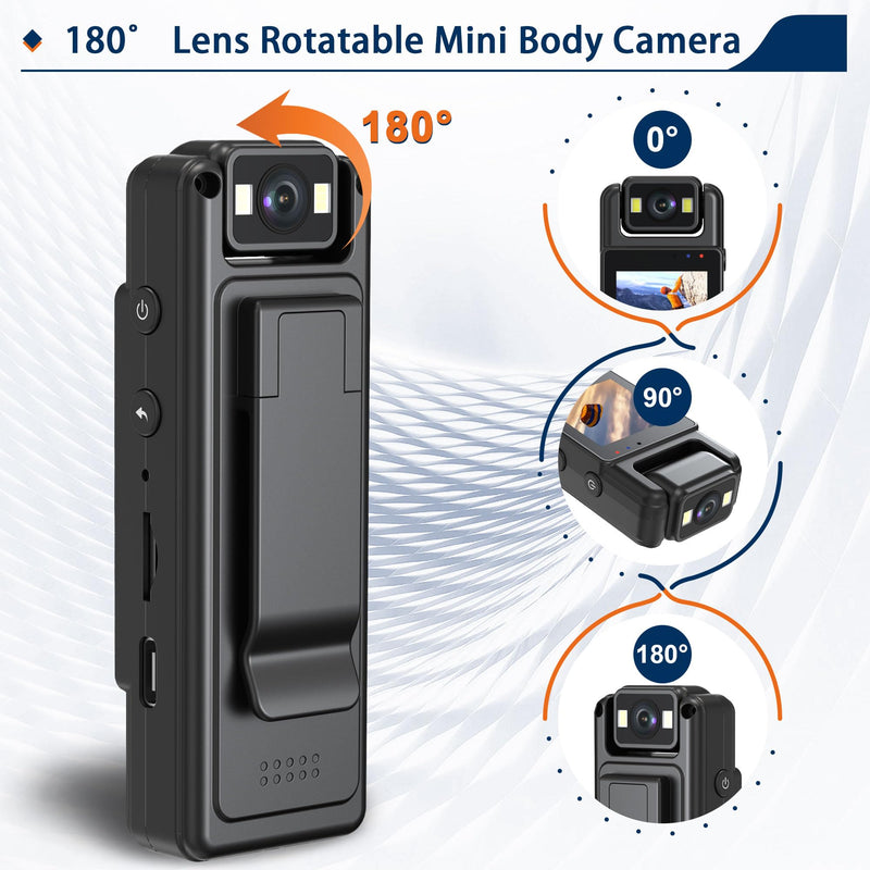 HD1080P Wearable Mini Body Camera Video Camera 180° Rotating Lens Motion Detection Night Auxiliary Lights 6HR Battery Body Cam for Sports Personal Security Police Law Enforcement