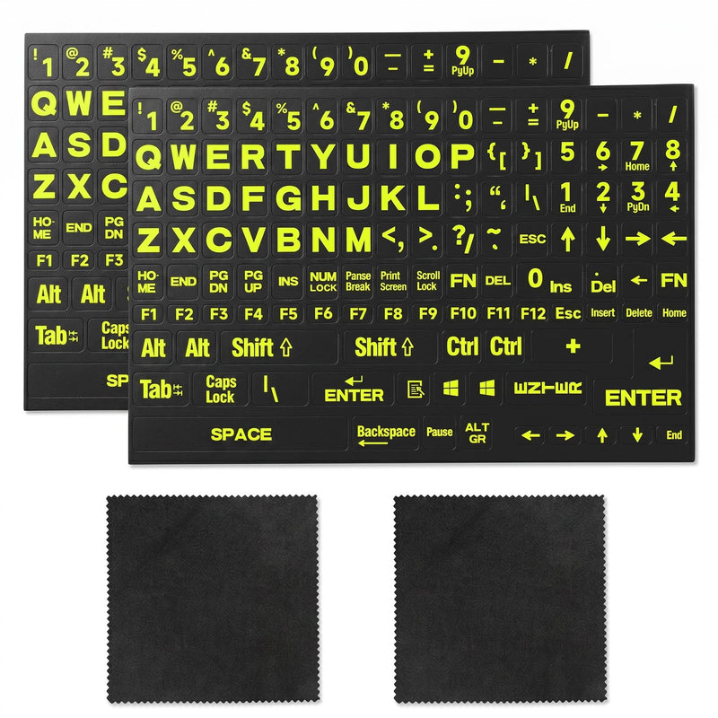 2PCS Large English Keyboard Stickers for PC Computer Desktop Keyboards | Yellow Lettering Black Background Replacement Keyboard Stickers, With 2 Cleaning Cloth