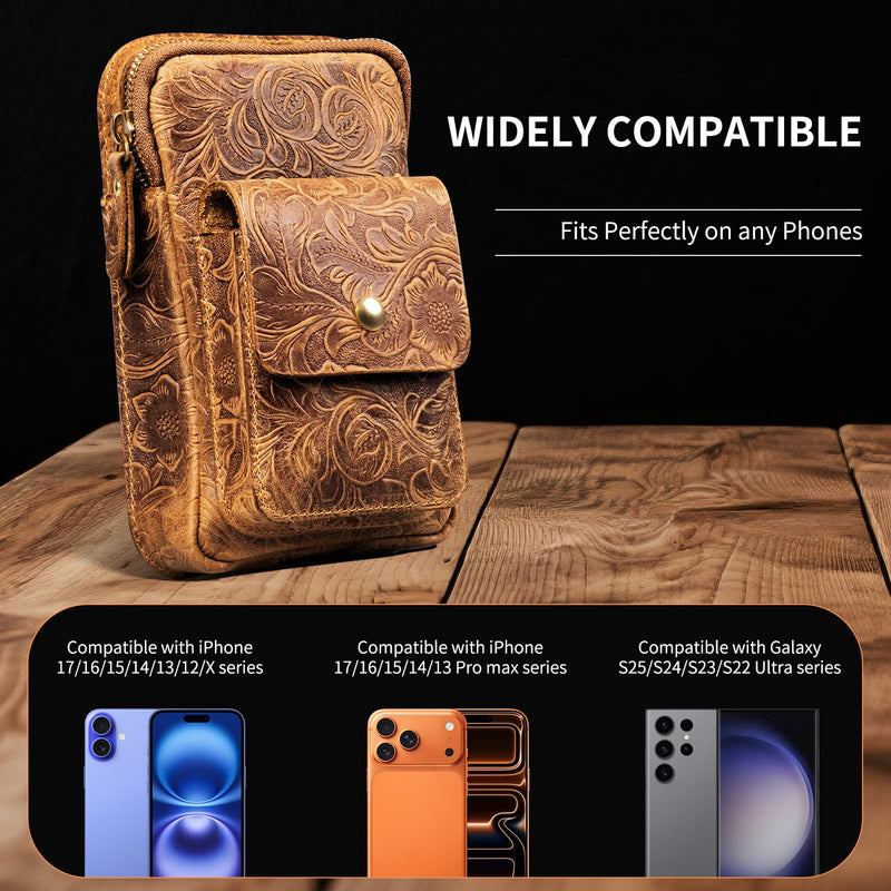 Holster for iPhone17/16/15/14/13/12/11 ProMax,Galaxy S21-25/26Ultra | For IP16 /15/14/Pro/Galaxy S21-26Plus,Premium Leather Pouch with Belt Clip Phone Holster Belt Case, Brown-L