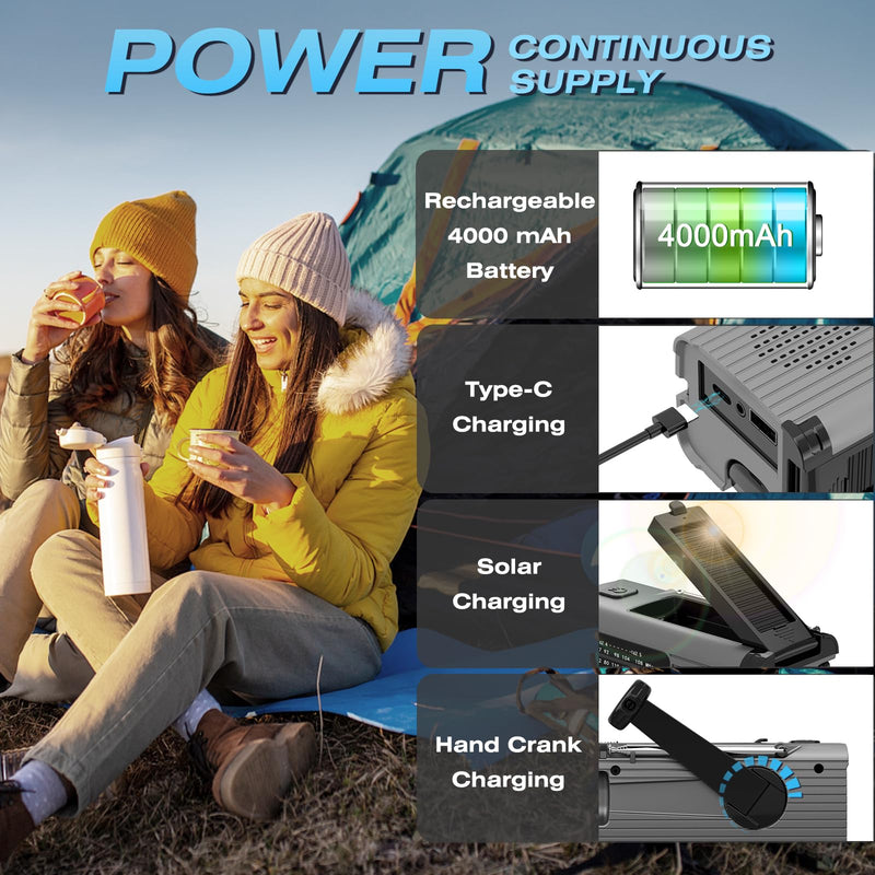 Emergency Radio 4000mAh Solar Hand Crank AM/FM/NOAA Portable Weather Radio with Phone Charger, LED Flashlight, Reading Lamp, SOS Alarm, Headphone Jack for Indoor Outdoor Emergency, USB Charged Gray