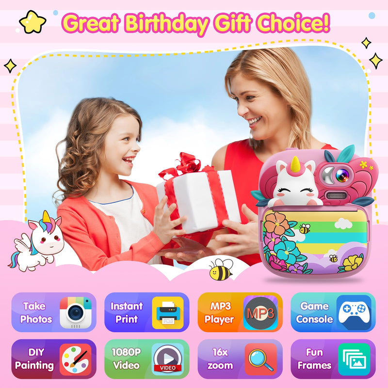Kids Camera Instant Print, Camera for Kids with Printable Photos, Toddler Camera Toys for Children Ages 3-14, Digital Camera Birthday Gifts for Girls 4 5 6 7 8 9 10 11 12 13 Years Old Pink