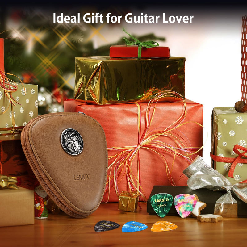 LEKATO Guitar Picks Holder Case with 18 Pcs Picks, PU Leather Organizer Bag with Lanyard, Thin Medium Heavy Plectrums Holder Accessories for Acoustic Electric Guitar Bass, Gift for Guitar Players Brown