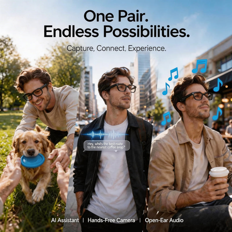Smart Glasses with Camera, 4K HD Video, 1080P Video Recording & Photo Capture, Open-Ear Bluetooth Audio, AI Translation & Voice Assistant, Dual Lens Wearable Sunglasses for Travel Sports