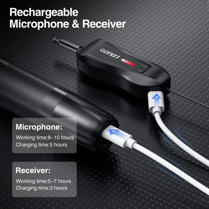LEKATO Wireless Microphone Rechargeable Wireless Microphones with Receiver Dual Handheld Microphone System Dynamic MIC for Singing, Speech, Wedding, Church,Speaker, PA System Black&Red