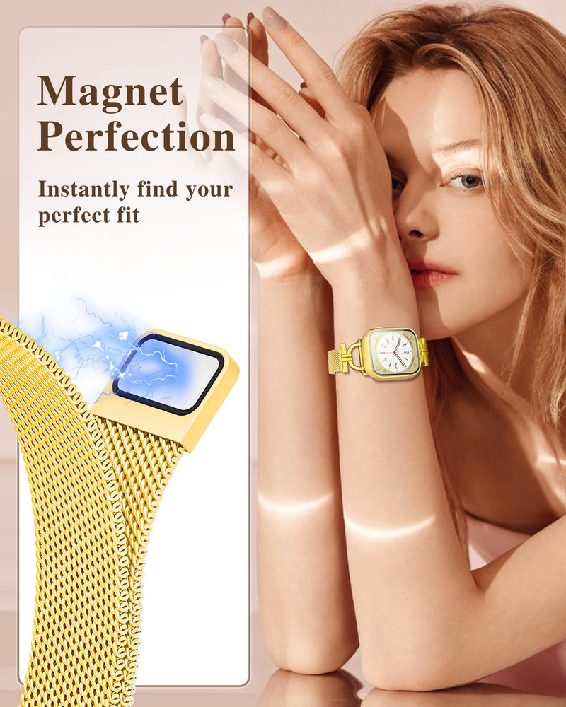 for Apple Watch Bands 41mm with Screen Protector Case, Stainless Steel Magnetic Clasp Apple Watch Bands for Women, with D-shaped Connector for iWatch Bands Series 9 8 7 (Gold, 41mm) C - Gold