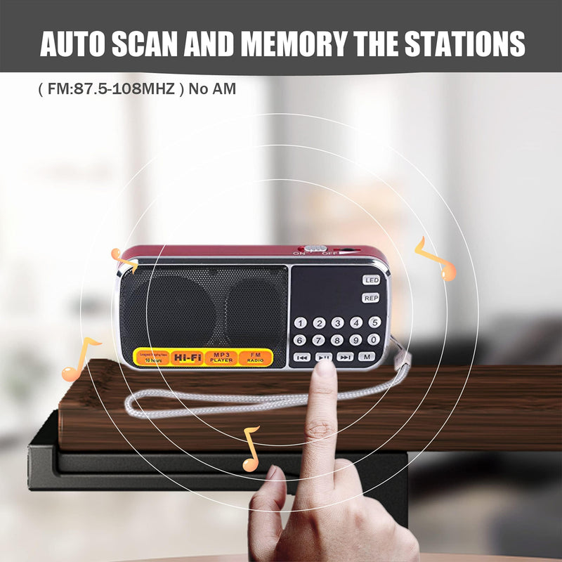 Leting Portable AM/FM Radio and MP3 Speaker, Mini Rechargeable Radio with 0-9 Number Keys for Direct Song & FM Tuning, TF Card/USB Support, Built-in Flashlight, Clear Reception (Red) RED