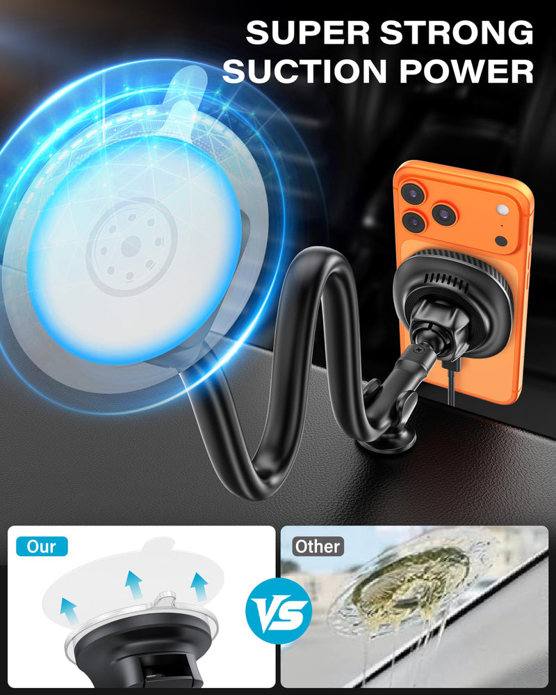 1Zero for Magsafe Car Mount Charger, 15W Fast Charging for Windshield | Stronger Magnetic & Suction Cup Mount for Windshield & Dashboard, Wireless Car Charger Compatible with iPhone12-17 Pro Max