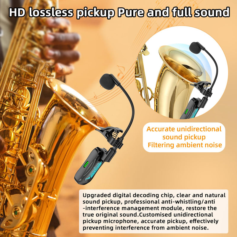 [AUSTRALIA] - Wireless Saxophone Microphone System, Clip-On Instrument Mic for Saxophone Trumpet Trombone Flute, Unidirectional Gooseneck Pickup, 360° Adjustable Clip, Low Latency Long Battery for Performance 