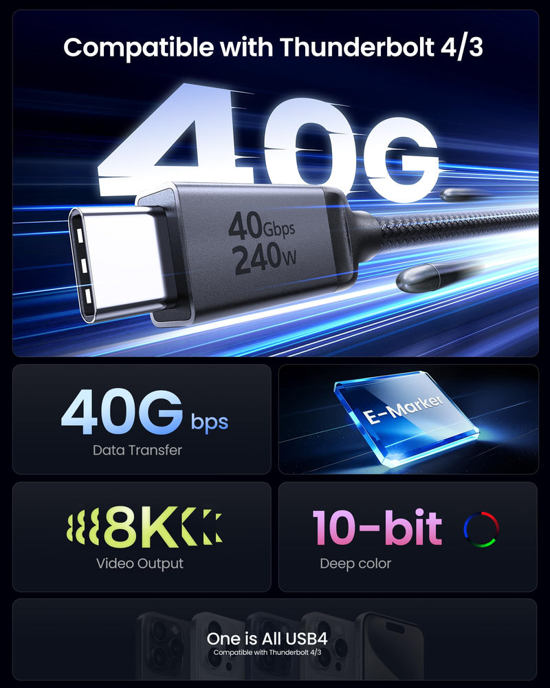 Silkland USB 4 for Thunderbolt 4 Cable 10FT/3M, 40Gbps, 8K Display, 240W | Single 8K/6K Dual 4K, Braided USB C Video Cable Compatible for MacBook, SSD, Mac mini, iPhone 17, Monitor