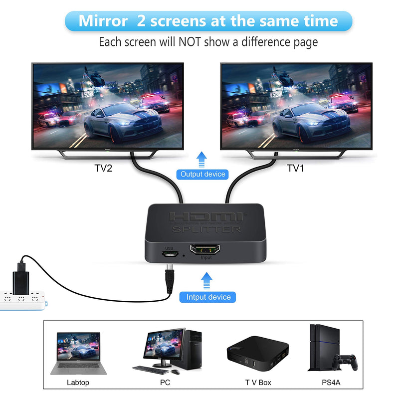 HDMI Splitter 4K@60Hz, avedio links HDMI Splitter 1 in 2 Out, HDMI Splitter for Dual Monitors Only Duplicate/Mirror Screens, Support HDMI2.0b, HDCP2.2, 18.5Gbps, Auto Scaling, Full HD 1080P 3D 1x2 4K@60Hz