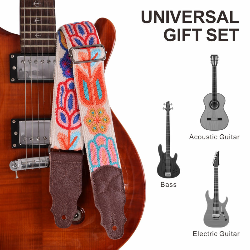 [AUSTRALIA] - Guitar Strap 2", Soft Woolen Knit, Cowhide Leather End, for Acoustic and Bass Electric Guitars, Free Button, 2 Strap Locks and 4 Guitar Picks Animated Flower-1 