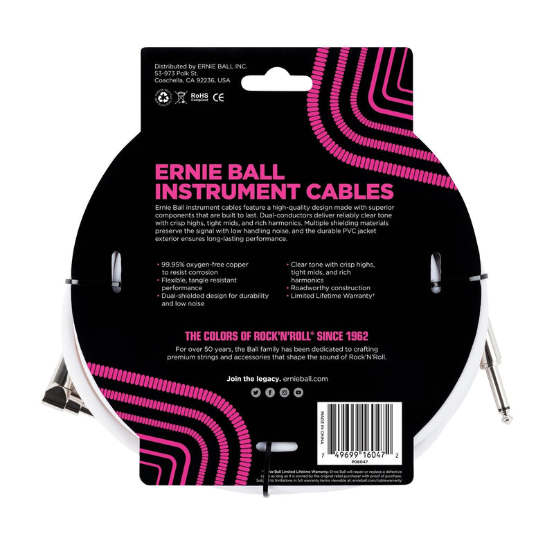 [AUSTRALIA] - Ernie Ball Instrument Cable, Straight/Angle, 20ft, White (P06047) 20 feet 